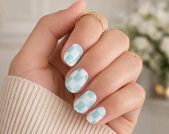 Mint Gingham Nail Wraps | Pastel Plaid Cottagecore Spring Nails