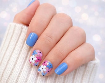 Periwinkle Floral Nail Wraps | Blue Spring Flower Nail Strips | Pastel Manicure