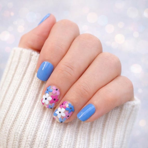 Periwinkle Floral Nail Wraps | Blue Spring Flower Nail Strips | Pastel Manicure