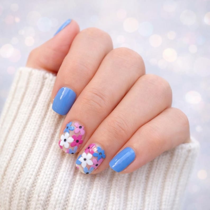 Periwinkle Floral Nail Wraps | Blue Spring Flower Nail Strips | Pastel Manicure image 1