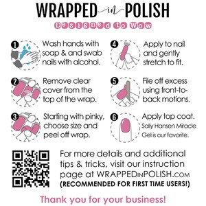May include: A step-by-step guide on how to apply nail wraps. The guide includes six steps with illustrations of each step. The text includes the phrase "WRAPPEDinPOLISH.COM".