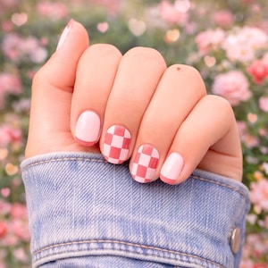 Pink Checkerboard Nail Wraps | Blush French Tip Y2K Style Manicure