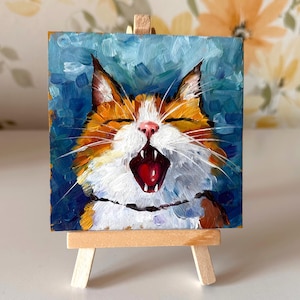 Funny Cat Oil Painting – Original Palette Knife Art on cardboard - Small oil painting 4x4 - Bookshelf decor