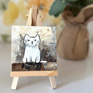 Peinture à l'huile de chat blanc - oeuvre d'art originale au couteau sur carton - petite peinture à l'huile 4 x 4 - décoration d'étagère