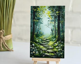 Mini Oil Painting of Forest  – Original 4x6 painting Nature Artwork - Small Woodland Art for Shelf Decor - Small painting on easel