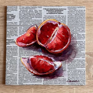 Pintura a óleo de toranja em jornal | Obra de arte exclusiva pintada à mão | Decoração de parede moderna com frutas | Pintura pequena