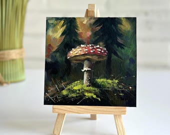 Tiny Oil Painting | 4x4  Original Artwork | Small painting | Gift for Her l Miniature picture with Fly Agaric Mushroom | Bookshelf decor