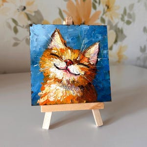 Peinture à l'huile chat heureux - oeuvre d'art originale au couteau sur carton - petite peinture à l'huile 4 x 4 - décoration d'étagère