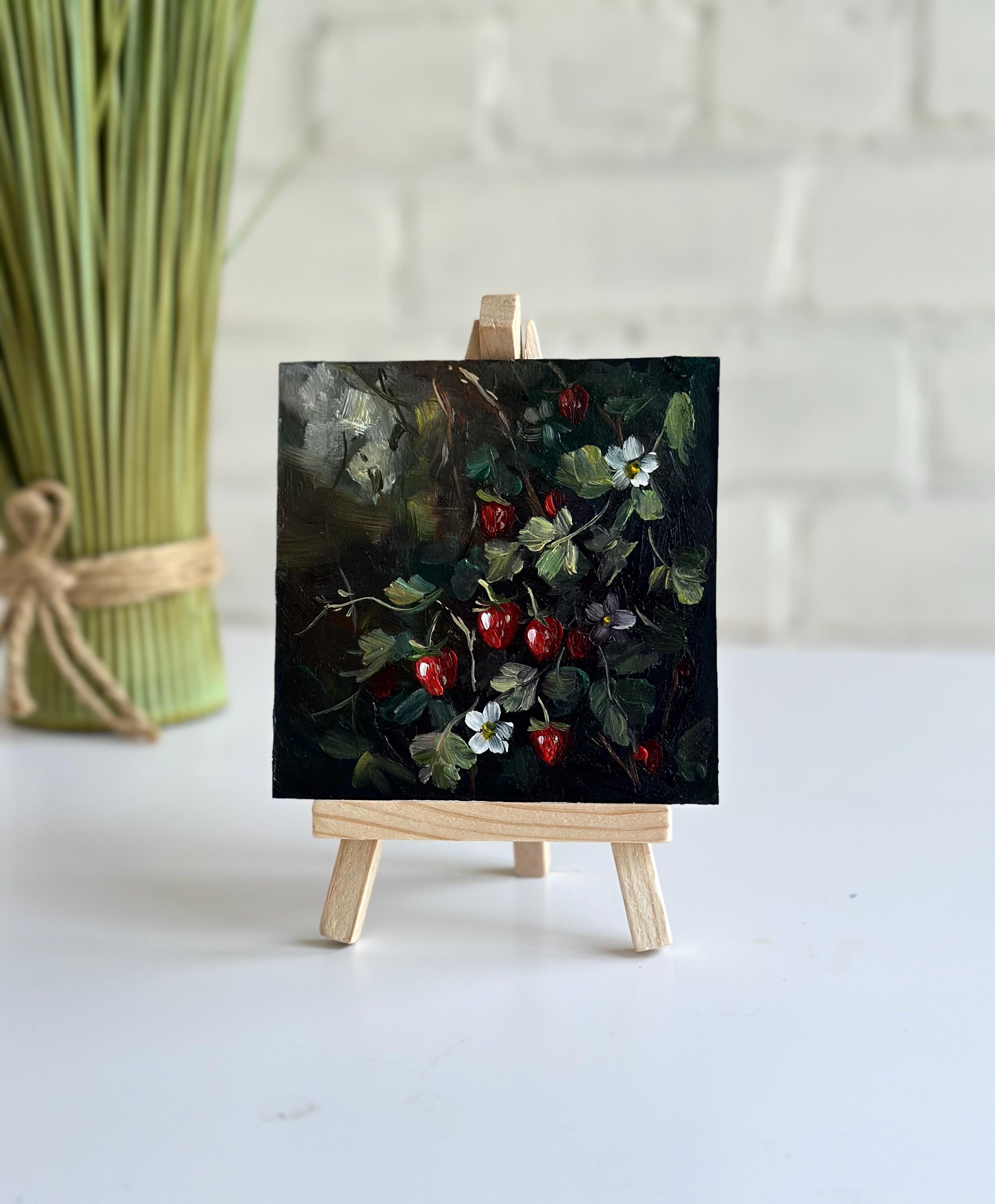 Tiny Oil Painting | 4x4  Original Floral Artwork | Small painting | Gift for Her l Miniature picture with strawberry | Bookshelf decor