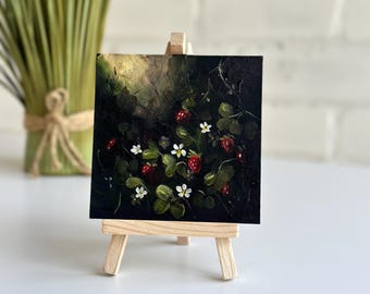 Miniature Oil Painting | 4x4  Original Floral Artwork | Bookshelf decor | Small painting | Gift for Her | Strawberry oil painting