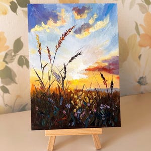 Campo de trigo do pôr do sol – Pintura a óleo em miniatura original sobre cartão duro – Arte de parede inspirada na natureza