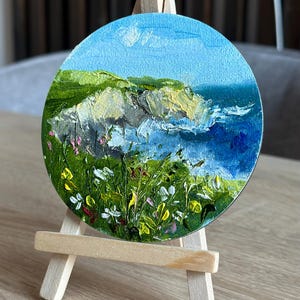 Small Round Oil Painting with Sea Theme | Hand-Painted Ocean Artwork | Ireland Landscape | Tiny painting