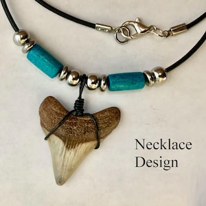 Custom length & beaded color, real fossil shark tooth necklace for men women and children, black, pink, red, turquoise and White beads