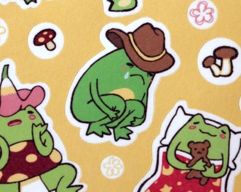 Froggies - Glossy Sticker Sheet - Cute Froggy and Mushrooms Variety Sheet - Waterproof!!