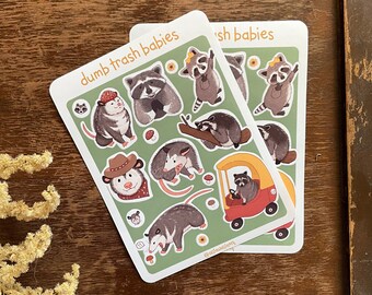 dumb little trash babies - Glossy Sticker Sheet - Cute Possum and Raccoon Stickers - Waterproof!!