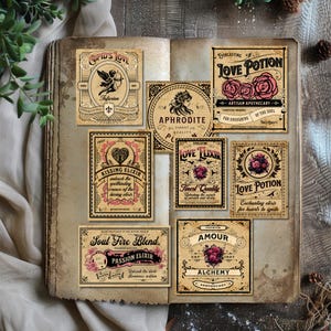 Może przedstawiać: Etykiety w stylu vintage z ozdobnymi obramowaniami i wzorami kwiatowymi. Etykiety zawierają tekst, taki jak "Cupid's Love", "Aphrodite", "Everlasting Love Potion", "Kissing Elixir", "Love Elixir", "Love Potion", "Soul Fire Blend", "Passion Elixir" i "Amour Alchemy Apothecary".