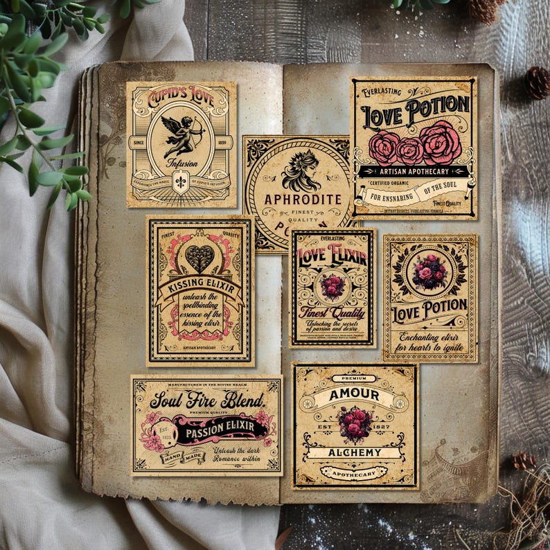 Może przedstawiać: Etykiety w stylu vintage z ozdobnymi obramowaniami i wzorami kwiatowymi. Etykiety zawierają tekst, taki jak "Cupid's Love", "Aphrodite", "Everlasting Love Potion", "Kissing Elixir", "Love Elixir", "Love Potion", "Soul Fire Blend", "Passion Elixir" i "Amour Alchemy Apothecary".