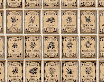 Vintage botanische apothekersetiketten, etiketten kruiden, bloemen en wortel, Witchy geneeskrachtige kruiden- en specerijenorganisatie, ouderwetse apotheker