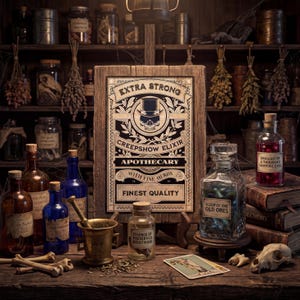 Puede incluir: Una exhibici&oacute;n tem&aacute;tica de boticario con varias botellas, frascos y un letrero de madera que dice "Creepshow Elixir". La escena incluye un mortero y una maja, huesos y una calavera, creando una est&eacute;tica vintage y m&iacute;stica. El letrero tambi&eacute;n dice "Extra Strong" y "Finest Quality".