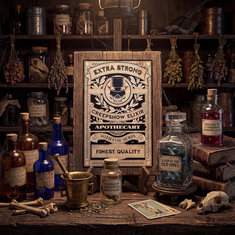 Puede incluir: Una exhibici&oacute;n tem&aacute;tica de boticario con varias botellas, frascos y un letrero de madera que dice "Creepshow Elixir". La escena incluye un mortero y una maja, huesos y una calavera, creando una est&eacute;tica vintage y m&iacute;stica. El letrero tambi&eacute;n dice "Extra Strong" y "Finest Quality".