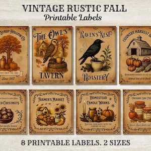 May include: Set of eight vintage-style printable labels with a rustic fall theme. Each label features illustrations of autumn scenes, including an owl, crow, pumpkins, and a barn. The labels have text such as "Maple Syrup Hollow Co" and "Farmer's Market".