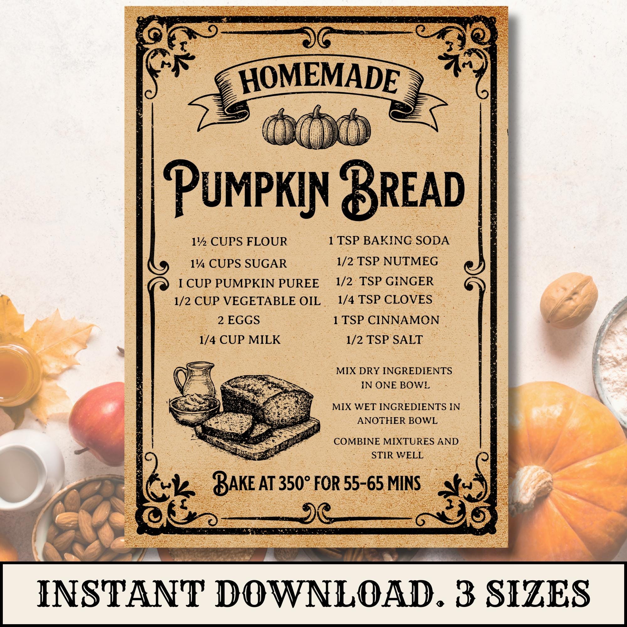 Pumpkin Bread Recipe Sign Printable, Vintage Fall Recipe Sign ...
