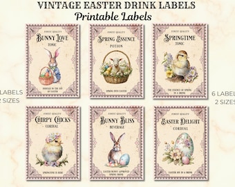 Vintage Easter Bottle Labels Drink Labels, Spring Drink Bottle Labels, Vintage Easter Labels Potion Labels, Easter Wine Labels,Bunny Labels