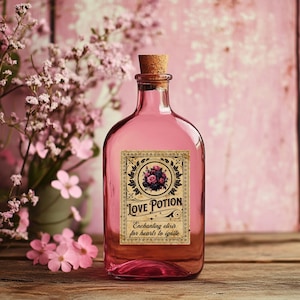Może przedstawiać: R&oacute;żowa szklana butelka z korkowym korkiem i etykietą z napisem "Love Potion Enchanting elixir for hearts to ignite". Butelka stoi na drewnianej powierzchni z r&oacute;żowymi kwiatami w tle.