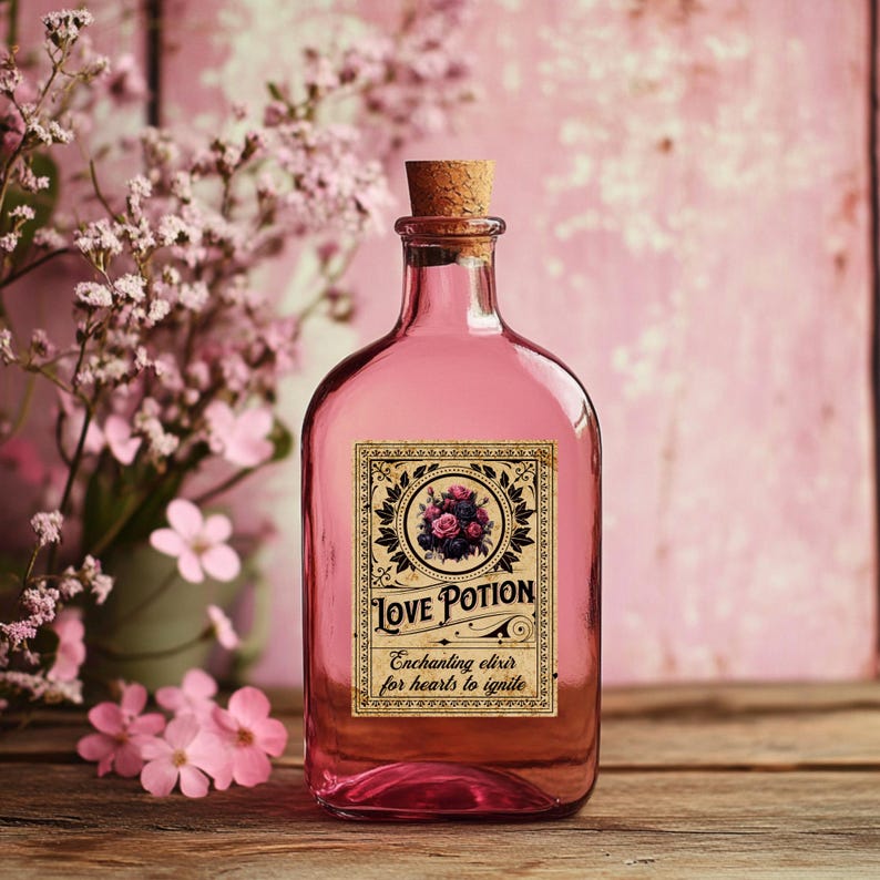 Może przedstawiać: R&oacute;żowa szklana butelka z korkowym korkiem i etykietą z napisem "Love Potion Enchanting elixir for hearts to ignite". Butelka stoi na drewnianej powierzchni z r&oacute;żowymi kwiatami w tle.