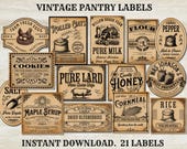 Vintage Pantry Labels Printable Set, Primitive Kitchen Jar Labels Farmhouse Decor, Food Storage Digital Download, Cottagecore Pantry, Baking