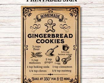 Peperkoek recept bord afdrukbaar, vintage peperkoekkoekjes teken, primitieve kerst afdrukbare, rustieke keuken kunst aan de muur, ouderwets