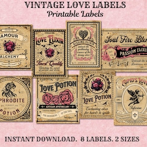 Utskrivbara etiketter för kärlek, utskrivbara etiketter för kärleksapotek, etiketter för alla hjärtans dag-flaskor, etiketter för burkar, etiketter för kärleksdrycker