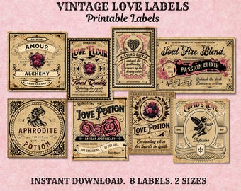 Vintage liefdesetiketten Afdrukbare etiketten, etiketten liefdesapotheek afdrukbaar, Valentijnsdag flesetiketten potetiketten, etiketten liefdesdrankje, etiketten liefdesdrankje