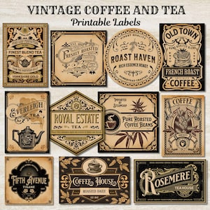 Peut inclure: Ensemble d'étiquettes imprimables de style vintage pour le café et le thé. Les étiquettes présentent des motifs ornés, du texte et des illustrations, notamment "Roast Haven", "Royal Estate Tea" et "Coffee House". La palette de couleurs est principalement marron et beige.