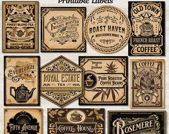 Vintage Coffee & Tea Labels Printable Set, Primitive Kitchen Jar Labels, Farmhouse Pantry Decor, Primitive Pantry Coffee Tea Storage
