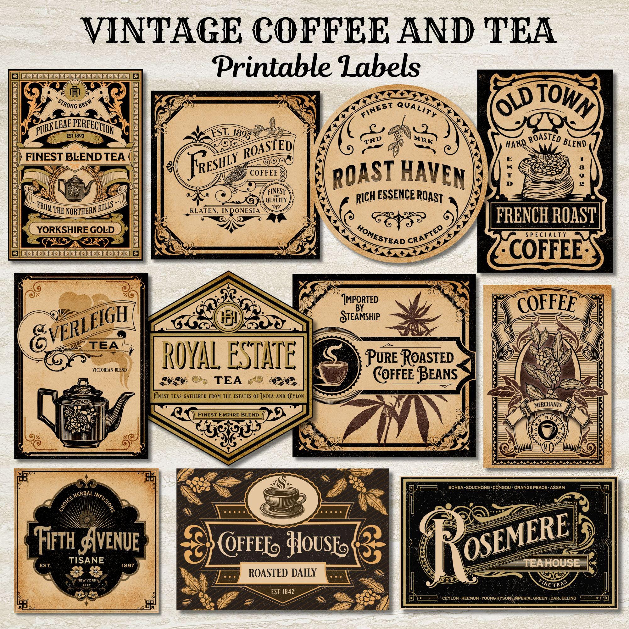 アンティーク　フレーム　ポスター　Tea Coffee Vintage Coffee & Tea Labels Printable Set, Primitive Kitchen Jar