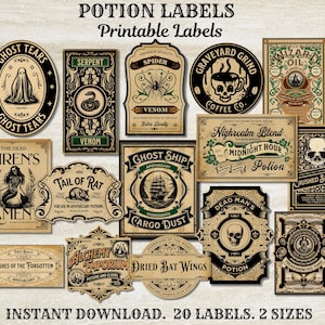 Puede incluir: Veinte etiquetas de poción imprimibles en dos tamaños, con una variedad de diseños espeluznantes y caprichosos. Las etiquetas incluyen texto como "Ghost Tears", "Serpent", "Spider", "Grave Yard Grind", "Wizard Oil", "Nighrealm Blend", "Midnight Hour", "Crushed Skulls", "Tail of Rat", "Ghost Ship", "Cargo Dust", "Dried Bat Wings", "Alchemy Emporium", "Ashes of the Forgotten" y "Dead Man's Potion".