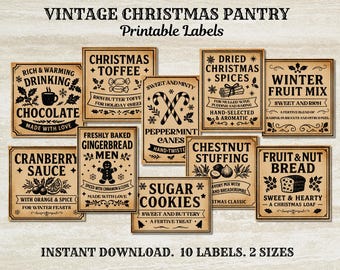 Vintage kerstvoorraadkastetiketten, primitieve kerstvoedseletiketten, primitieve kerstkoekjes, vintage Victoriaanse kerstvoedselkeukenetiketten