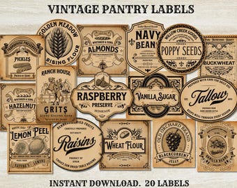 Vintage voorraadkast etiketten afdrukbare set, primitieve keukenpot etiketten boerderij decor, voedselopslag digitale download, Cottagecore pantry, bakken