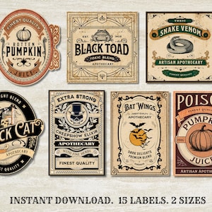 Puede incluir: Una colecci&oacute;n de etiquetas de Halloween de estilo vintage con varios dise&ntilde;os. Las etiquetas presentan ilustraciones de una calabaza, un sapo, una serpiente, un gato y un murci&eacute;lago. El texto incluye "Rotten Pumpkin Juice", "Black Toad" y "Snake Venom".
