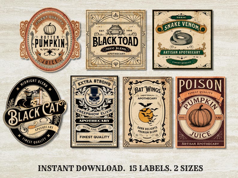 Puede incluir: Una colecci&oacute;n de etiquetas de Halloween de estilo vintage con varios dise&ntilde;os. Las etiquetas presentan ilustraciones de una calabaza, un sapo, una serpiente, un gato y un murci&eacute;lago. El texto incluye "Rotten Pumpkin Juice", "Black Toad" y "Snake Venom".