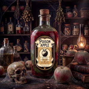 Puede incluir: Una botella de vidrio grande con tap&oacute;n de corcho y una etiqueta que dice "Poison Apple Potion". La botella contiene un l&iacute;quido rojo y est&aacute; rodeada de manzanas, una calavera y libros antiguos. La etiqueta presenta una ilustraci&oacute;n de manzana negra.