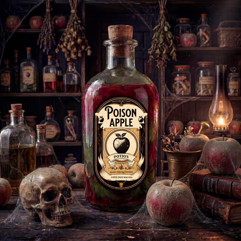 Puede incluir: Una botella de vidrio grande con tap&oacute;n de corcho y una etiqueta que dice "Poison Apple Potion". La botella contiene un l&iacute;quido rojo y est&aacute; rodeada de manzanas, una calavera y libros antiguos. La etiqueta presenta una ilustraci&oacute;n de manzana negra.