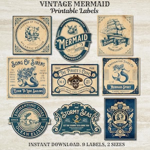 Vintage Mermaid Labels, Mermaid Printable Labels,Mermaid Apothecary Jar Labels,Potion Labels, Siren Labels,Mermaid Theme Bottle Labels,Ocean