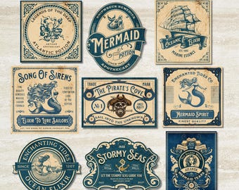 Vintage zeemeerminlabels, afdrukbare zeemeerminlabels, labels zeemeermin apothekerpot, drankjeslabels, sirenelabels, fleslabels zeemeerminthema, oceaan