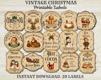 Étiquettes de Noël vintage imprimables, étiquettes de potion de Noël, étiquettes de potion vintage, étiquettes d'apothicaire de Noël, Noël à l'ancienne