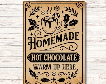 Vintage bord warme chocolademelk afdrukbaar, rustieke winterkeuken muurkunst, primitieve kerst afdrukbare, ouderwetse cacaobar decor