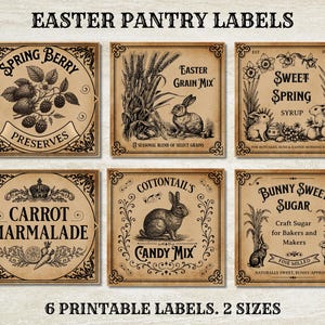 Puede incluir: Conjunto de seis etiquetas de despensa de Pascua de estilo vintage con ilustraciones y texto. Las etiquetas incluyen "Spring Berry Preserves", "Easter Grain Mix", "Sweet Spring Syrup", "Carrot Marmalade", "Cottontail's Candy Mix" y "Bunny Sweet Sugar."