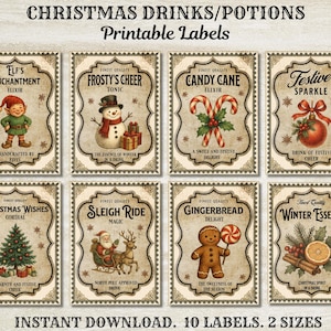 May include: Set of 10 vintage-style Christmas drink labels with illustrations of an elf, snowman, candy canes, ornaments, Christmas tree, Santa, gingerbread man, and winter spices. The labels are in two sizes.