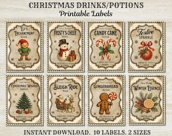 Afdrukbare kerstflesetiketten, kerstdranketiketten digitaal, wijnflesetiketten kerst, kerstdrankjes, kerstdrankjes, vintage kerst